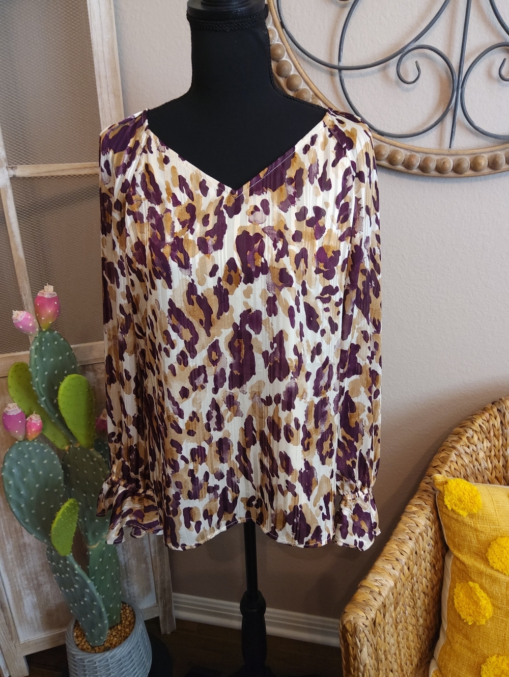 Anne Klein Cream Blouse with Purple & Gold Leopard Print